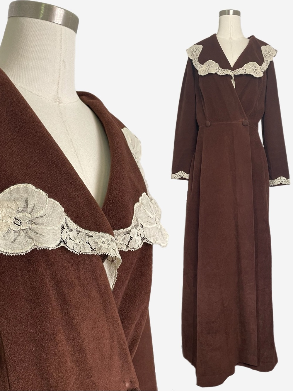 Vintage 70s Vanity Fair Brown velour floral lace trim robe cottagecore prairie M